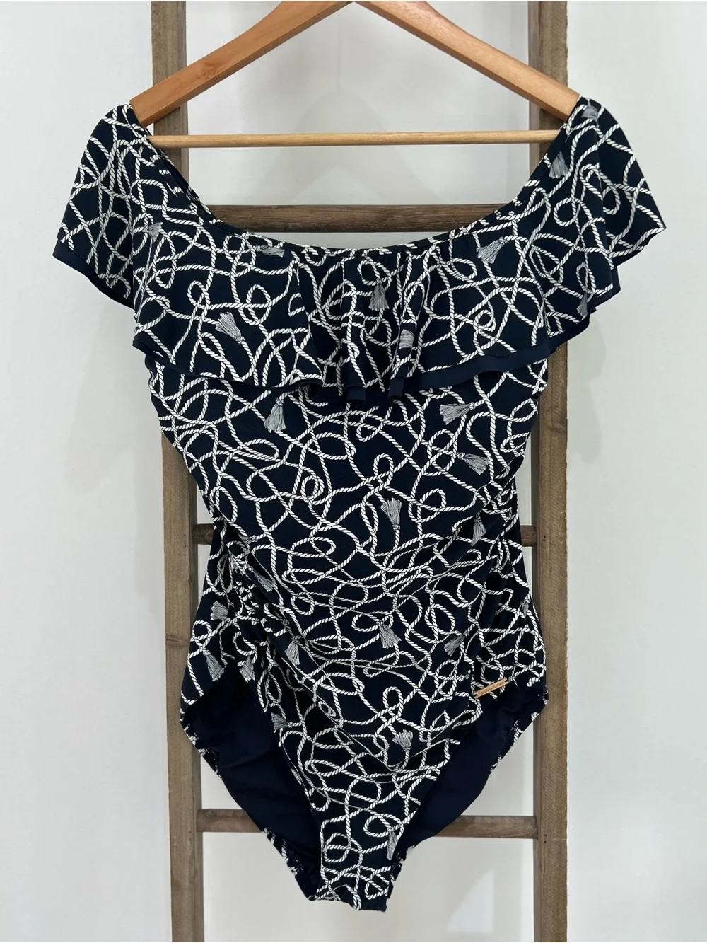 Michael Kors Nautical Twisted Rope Off The Shoulder One Piece Swimsuit Size 14